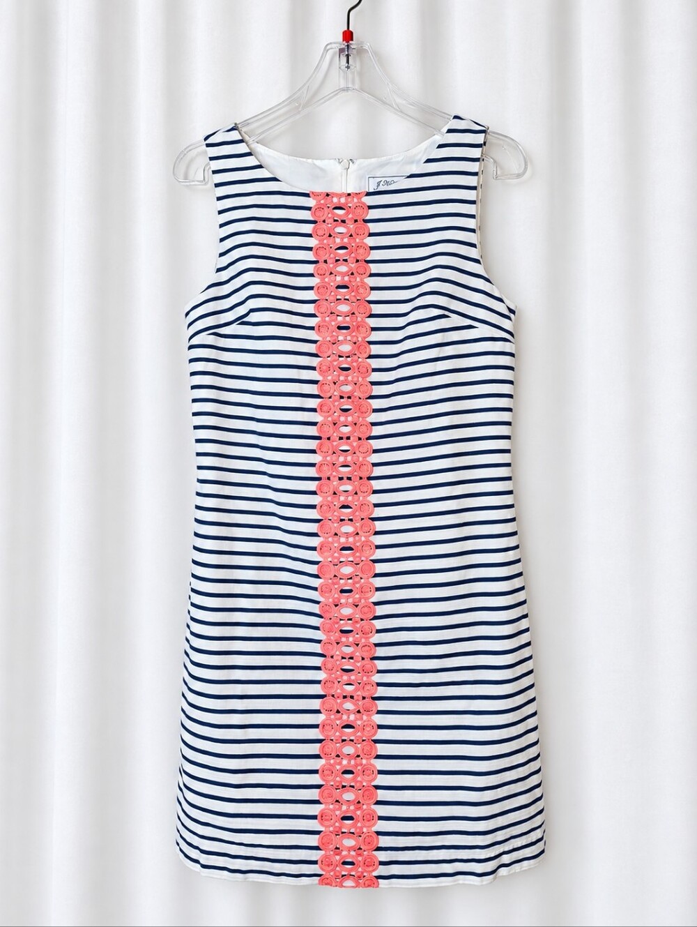 J Howard Navy White Strip Bright Pink Crochet Lace Sleeveless Preppy Shift Dress
